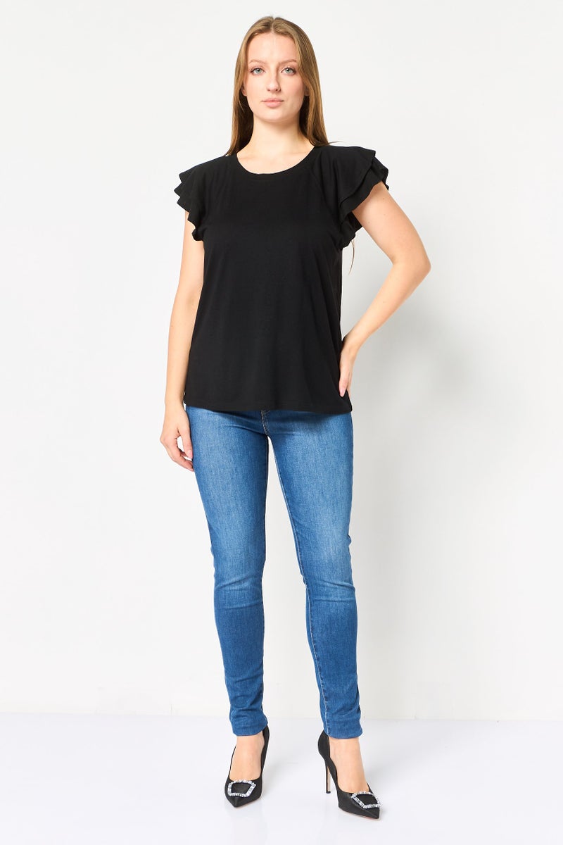 GAP Women Crew Neck Solid Flutter Sleeve Top, Black - Image 2